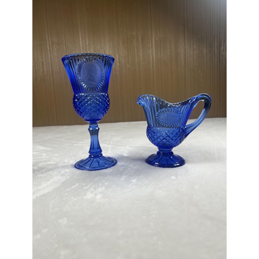 Cobalt‎ Blue Pressed Glass Creamer & Sugar Set Diamond Medallion Pattern